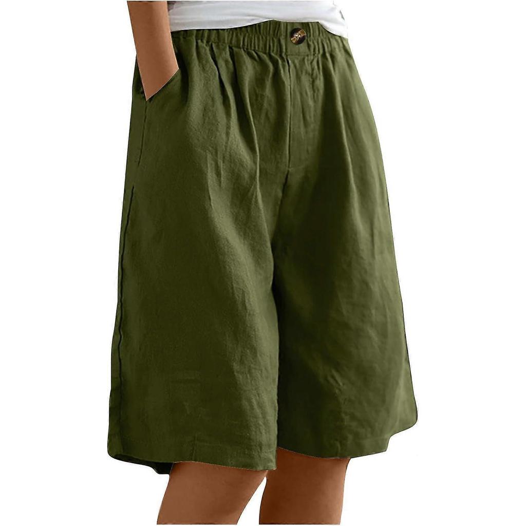 Women's Summer Shorts Cotton Linen Capri Pants Knee Length Loose Wide Leg with Pockets CGreen XXL Plus Size Casual Pants