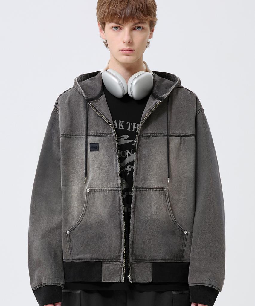 Trillion Vintage Washed Denim Work Zip-Up Hoodie_Light Gray