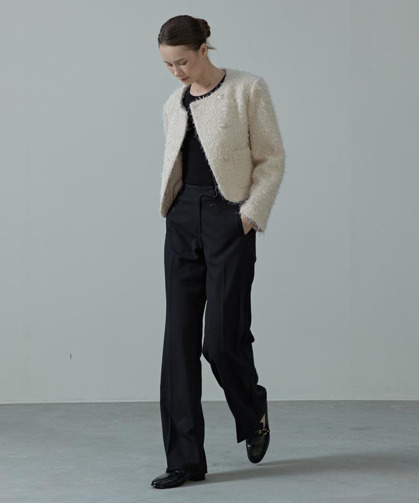 Ahre Glitter Wool Metallic Pearl Tweed Button Jacket_Cream