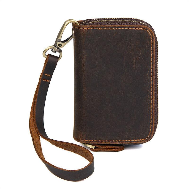 Double Zipper Crazy Horse Leather Retro Card Case First Layer Cowhide Coin Purse Car Key Keychain Holder with Hand Strap