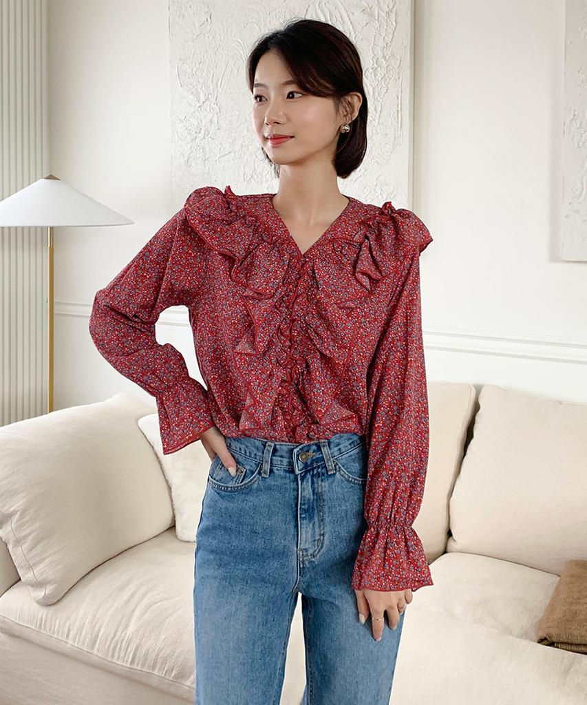 Ppaeppae V-Neck Frill Flower Blouse