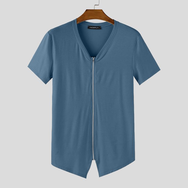 INCERUN T-shirts Homme Col V Zippé Manches Courtes Irrégulier Casual Ajusté