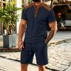 Men's Large Plaid Stand Collar Short Sleeve Color Block T-shirt and Shorts Set