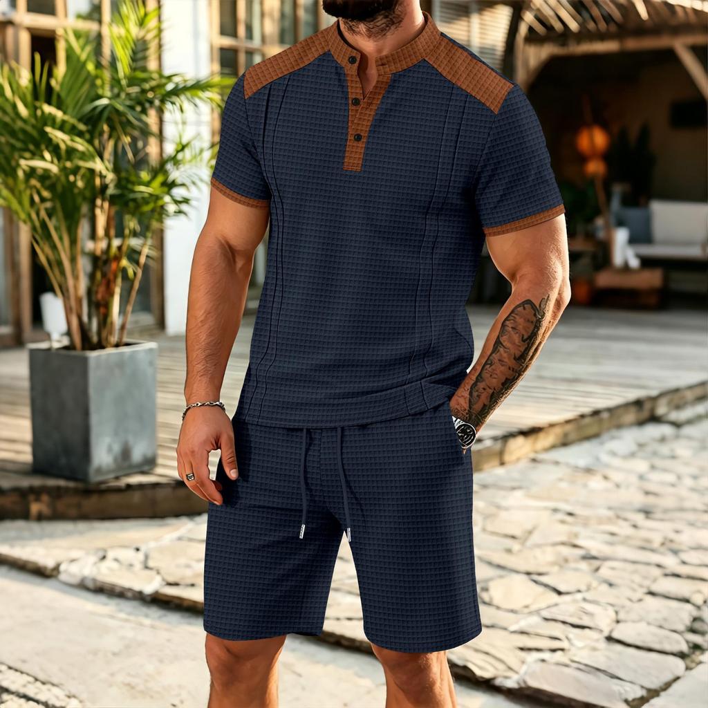 Men's Large Plaid Stand Collar Short Sleeve Color Block T-shirt and Shorts Set