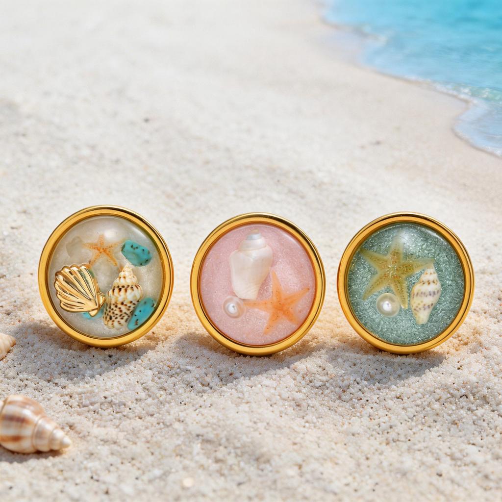 Ocean Resin Ring for Women Non-tarnish Stainless Steel Open Pink Blue Dopamine Summer Beach Jewelry Waterproof