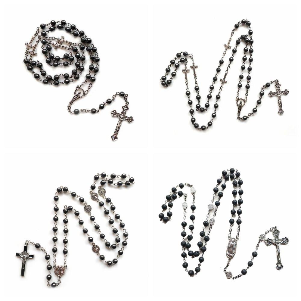 Long Cross Chain Vintage Crucifix Pendant Chain Black Gallstone Rosary Necklace  Women