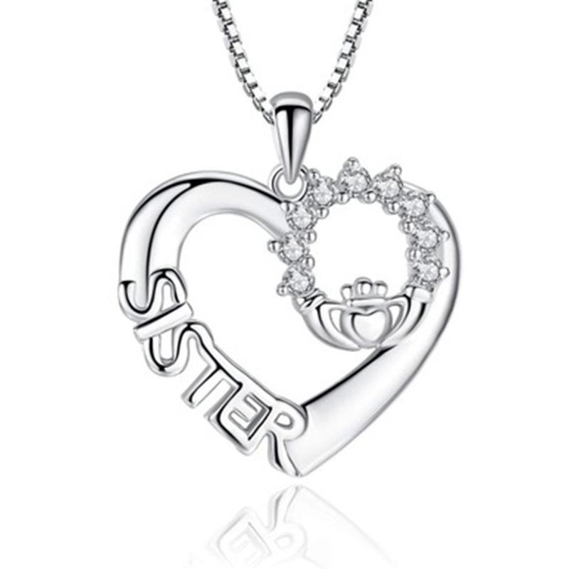 Creative Heart SISTER Zirconia Clavicle Chain Necklace Pendant