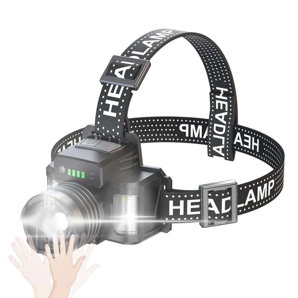 LED-Stirnlampe mit Bewegungssensor, wasserdicht, wiederaufladbar über USB, zoombare Stirnlampe, Arbeitsleuchte