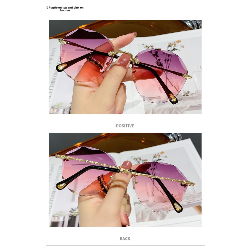 Internet celebrity street shot new polygonal sunglasses women's big face thin marine sunglasses rimless trimmed sunglasses