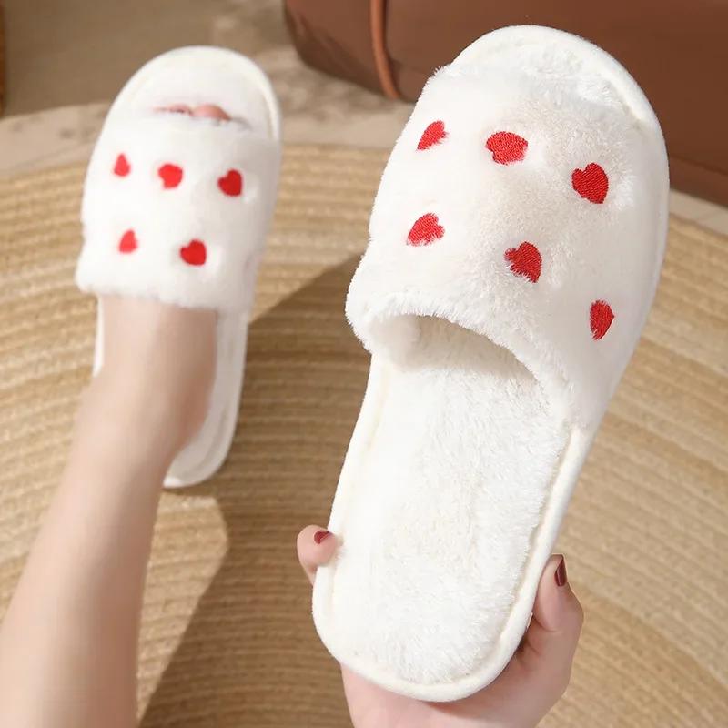 Winter Women Heart Slippers for Home Fur Furry House Slides Men Indoor Floor Soft Sandals Couples Comfortable Cute Flip Flops