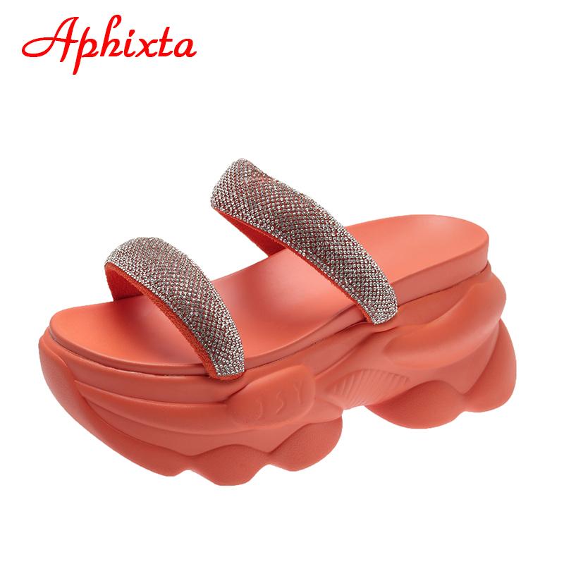 Fashion Aphixta 2025 New Luxury Crystals Summer Thick Sole Slides Simple Platform Women Shoes Green Flip Flops Wedge Heel Beach Slippers