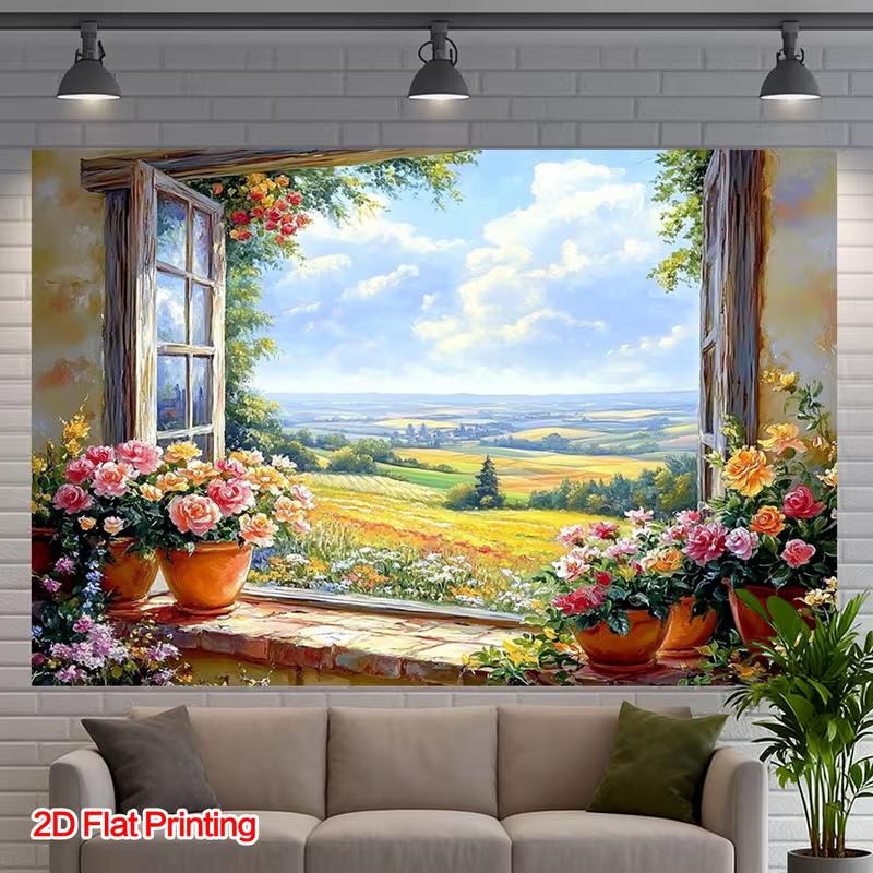 2D Oil Painting Window Backdrop, Flower Pot & Meadow Photography Background