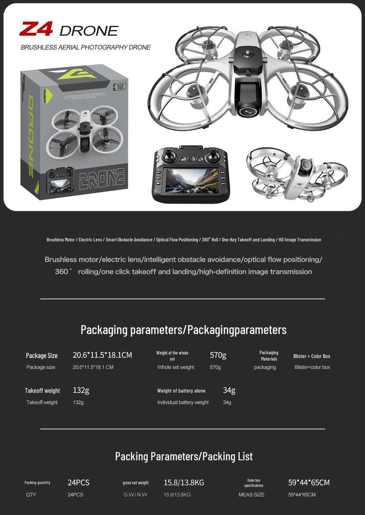 Z4 Large Screen Brushless FPV Drone with HD Camera, Optical Flow Hover, and Remote Control.