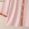 ZANZEA Women Casual Turn Down Collar Loose 3/4 Sleeve Stripe Blouse