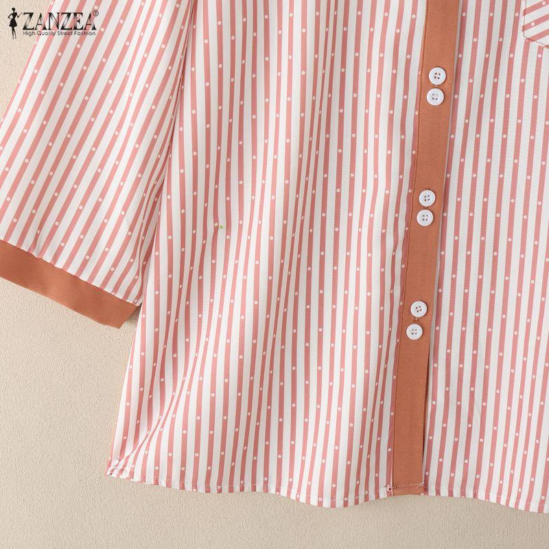ZANZEA Women Casual Turn Down Collar Loose 3/4 Sleeve Stripe Blouse