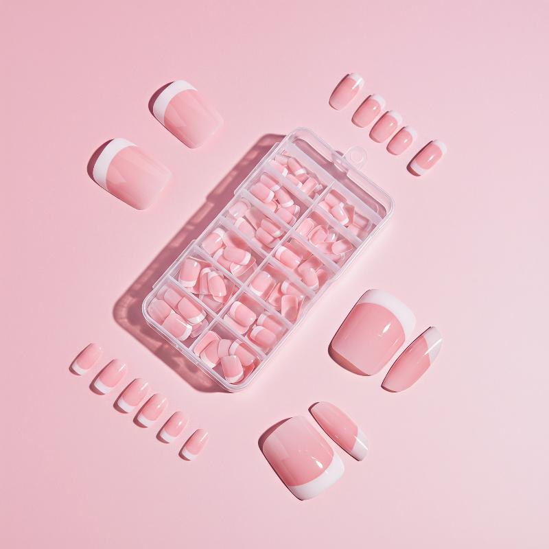 120Pcs/Box Nude Pink Glossy Short Square White French Tip Press On Nails 12 Sizes Full Cover Reusable Fake Nails