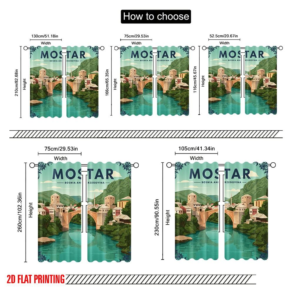 2pcs 2D flat printing Party Curtain Mostar Bridge Bosnia Herzegovina 100% Polyester Fabric Without Electricity Birthday Party