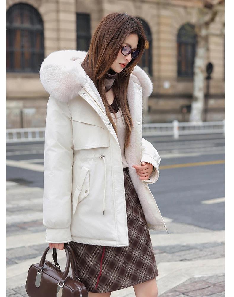 Parker Winter Damen Baumwollmantel Mittellang Großer Wollkragen Fleecegefüttert Baumwollwattiert Jacke Dicke Jacke