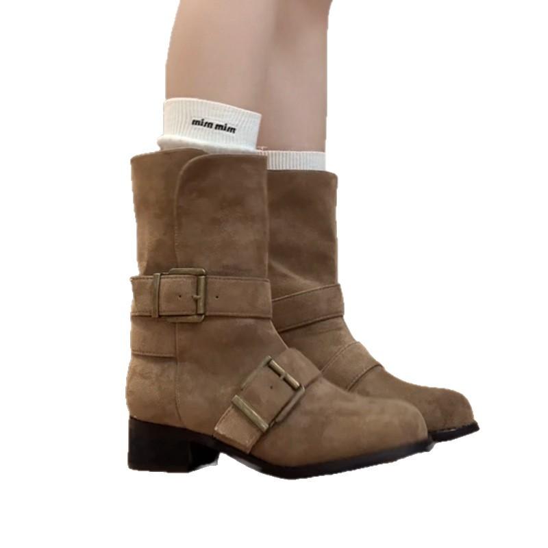 Fashion Tribe Spice Girls But Knee Round Head Knight Boots Women's 2025 Autumn and Winter New Versatile Medium Boots Fashion Boots Tide