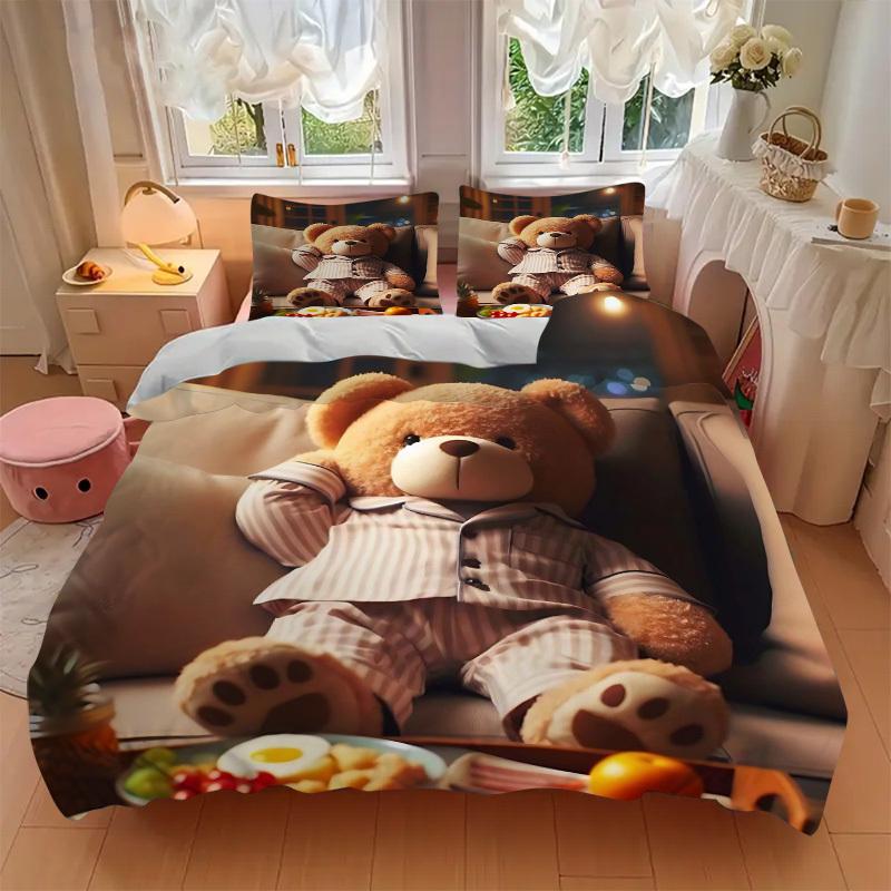 3pcs Anime Teddy Bear Bedding Set - Includes One Quilt Cover and Two Pillowcases (No Core) - Home Decor, Festival Gift, Polyester Fabric, Ca