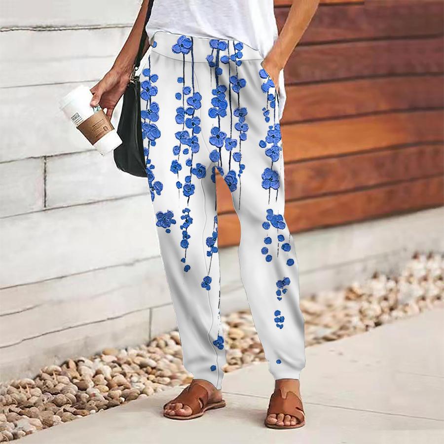 

Женские брюки с цветочным принтом на шнуровке, с эластичной талией, свободные брюки, повседневные длинные брюки, брюки с карманами XS синий