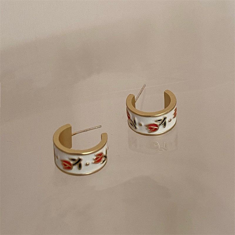 925 Silver Needle French Retro Enamel Tulip C-Shaped Earrings - Light Luxury Floral Design for Women