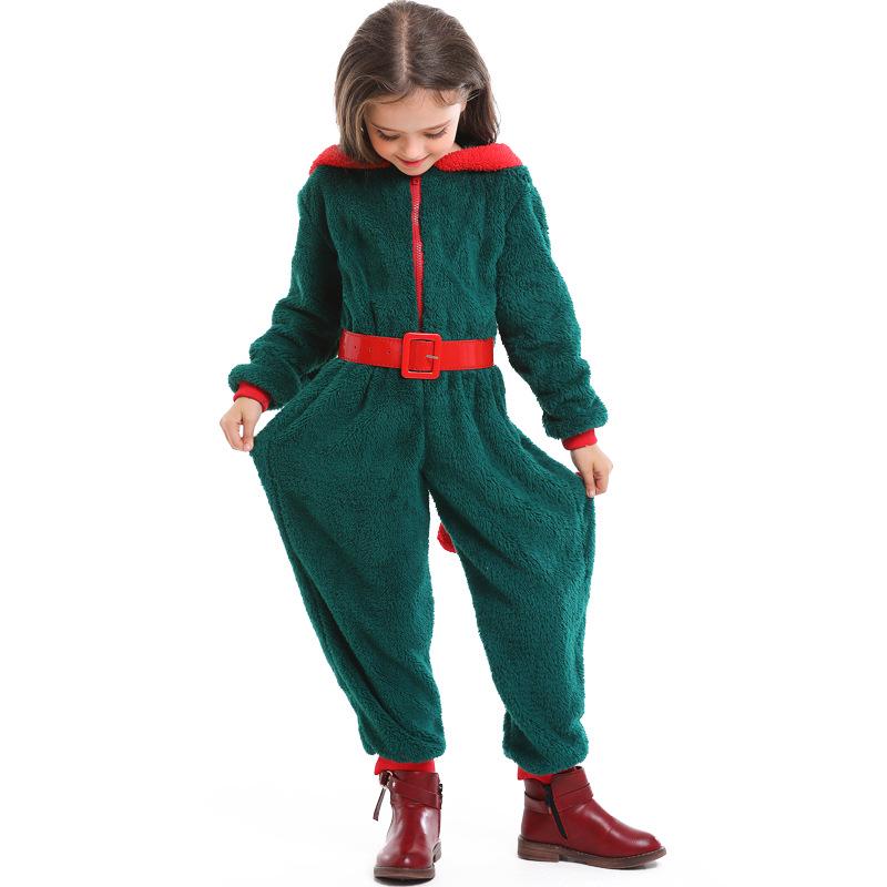 Kids Girls Christmas Xmas Green Elf Velvet Hooded Jumpsuit Belt Set Children Halloween Role Play Dress Up Cosplay Costume