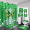 4PCS Luxury Green Butterfly  Bathroom Set, Waterproof Shower Curtain with Non-slip Rugs, U-shaped Mat Toilet Cover, 12 Hooks