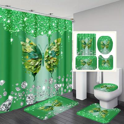 4PCS Luxury Green Butterfly Bathroom Set, Waterproof Shower Curtain with Non-slip Rugs, U-shaped Mat Toilet Cover, 12 Hooks