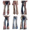 Bell Bottom Jeans for Women 3D Digital Floral Print Stretch Flared Jeans Mid Rise Retro Denim Pants with Pockets
