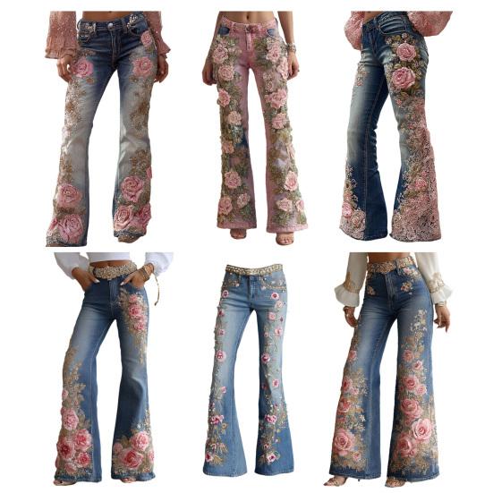 Bell Bottom Jeans for Women 3D Digital Floral Print Stretch Flared Jeans Mid Rise Retro Denim Pants with Pockets