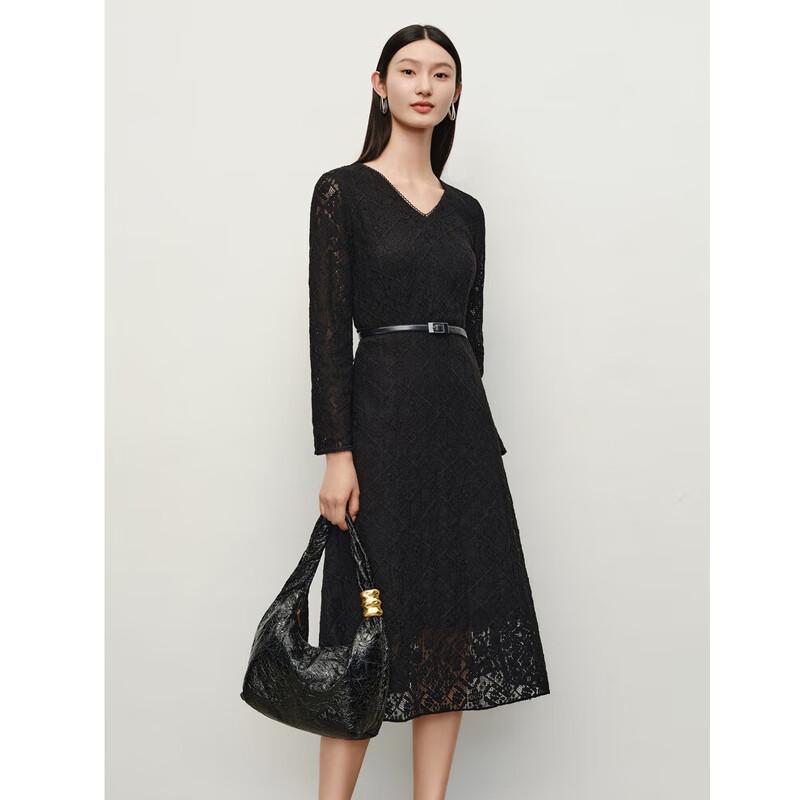 ANNKAOU Women's Elegant V-Neck Lace Midi Dress