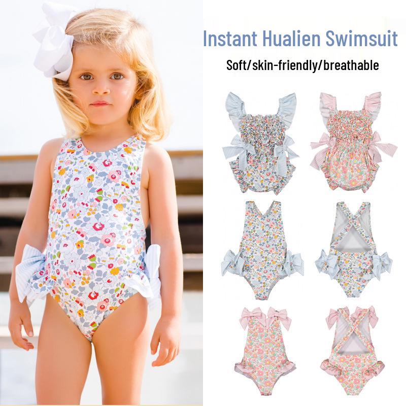

Summer Girls One-Piece Swimsuit: Cute Blue and Pink Print Size 130