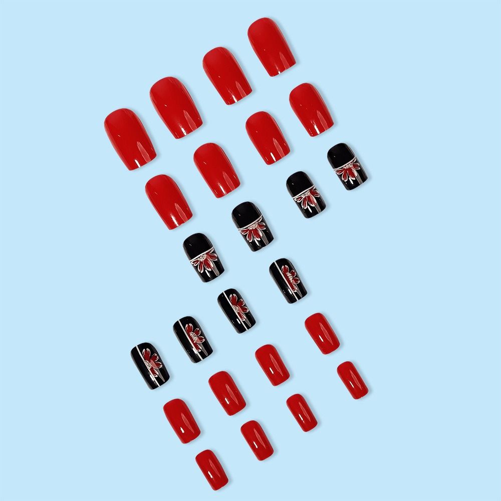 Sexy Black Little Red Daisy French Fake Nails Women Fashion False Nail Square Head Wearable Manicure Full Cover Press on Nails