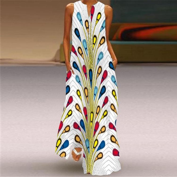Sleeveless Summer Women's V-neck Dress with Digital Print and Pockets Size S-5XL Long