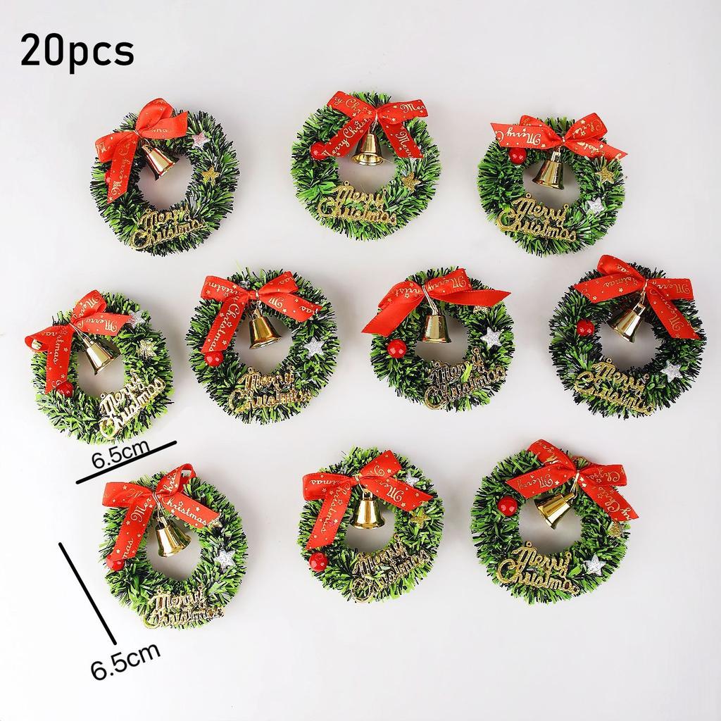 10/20pcs Mini Christmas Wreaths with Red Bows and Golden Bells - Plastic Holiday Decor for Multiple Occasions -Artificial Craft