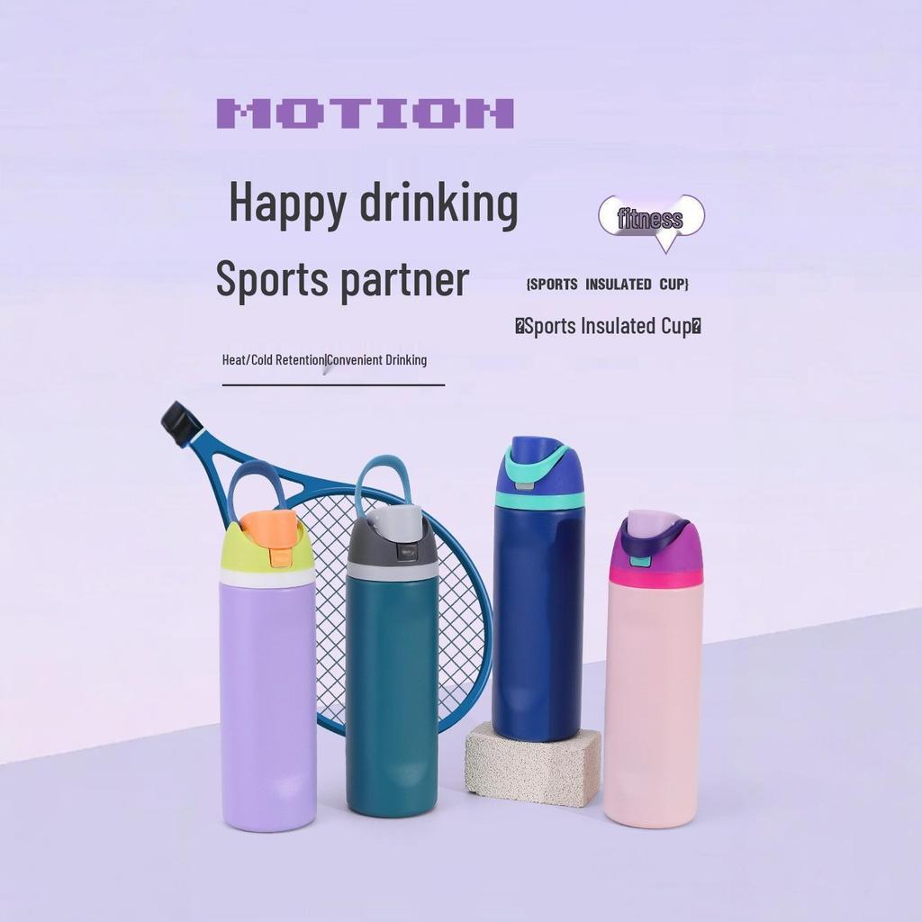 Doppelwandige Edelstahl-Sportflasche mit Isolierung und Griff, großes Fassungsvermögen, zwei Trinkfächer und Reiseverschluss