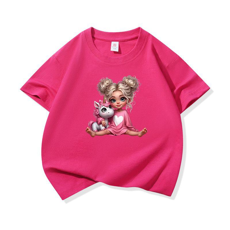 Kids Pure Cotton T Shirt Girl Sitting With Pink Unicorn Print Crew Neck Short Sleeve Tee Casual Boys Girls Summer Tops