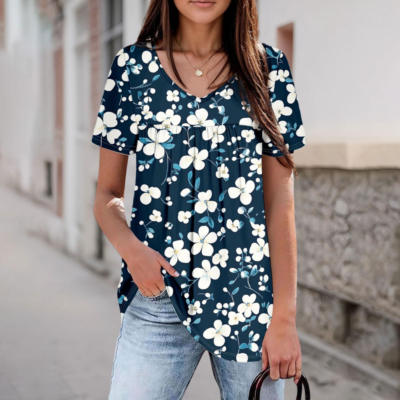 Women s Casual V-neck Short-sleeved Chest Pleated Short-sleeved Top S тёмно-синий