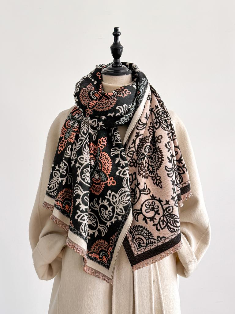 Winter  Elegance: Women'S Patterned Scarf, Thick Faux Pashmina Two-Sided Shawls, Warm Foulard & Ladies' Blanket Wraps