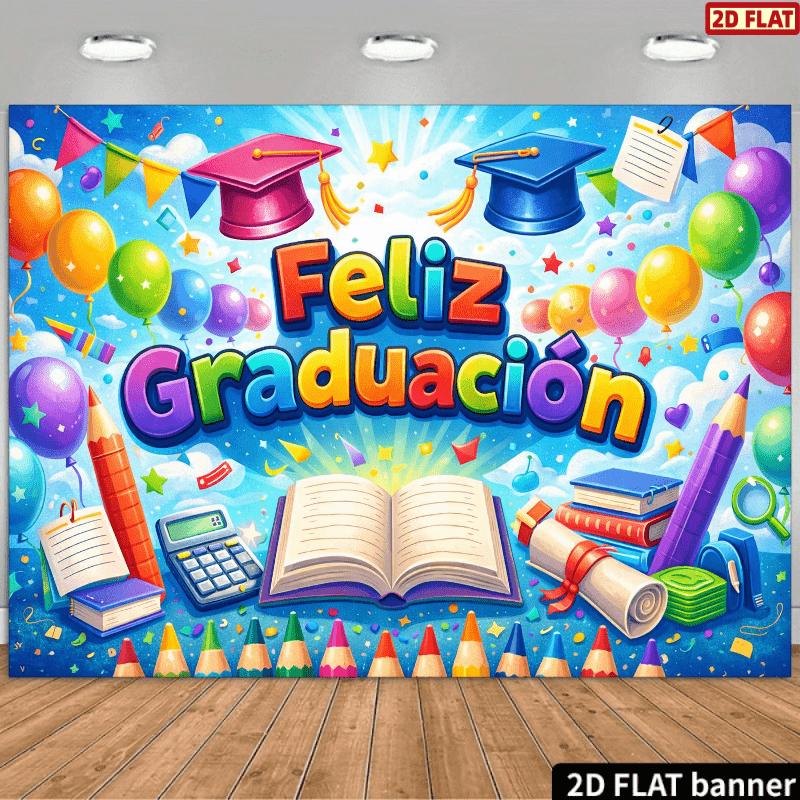 Background banner for Spanish graduation, slate design, with 2D plan, blue graduate hat and book decoration. 100x150cm