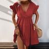 New summer women's clothing wrap shoulder sleeves solid color dress