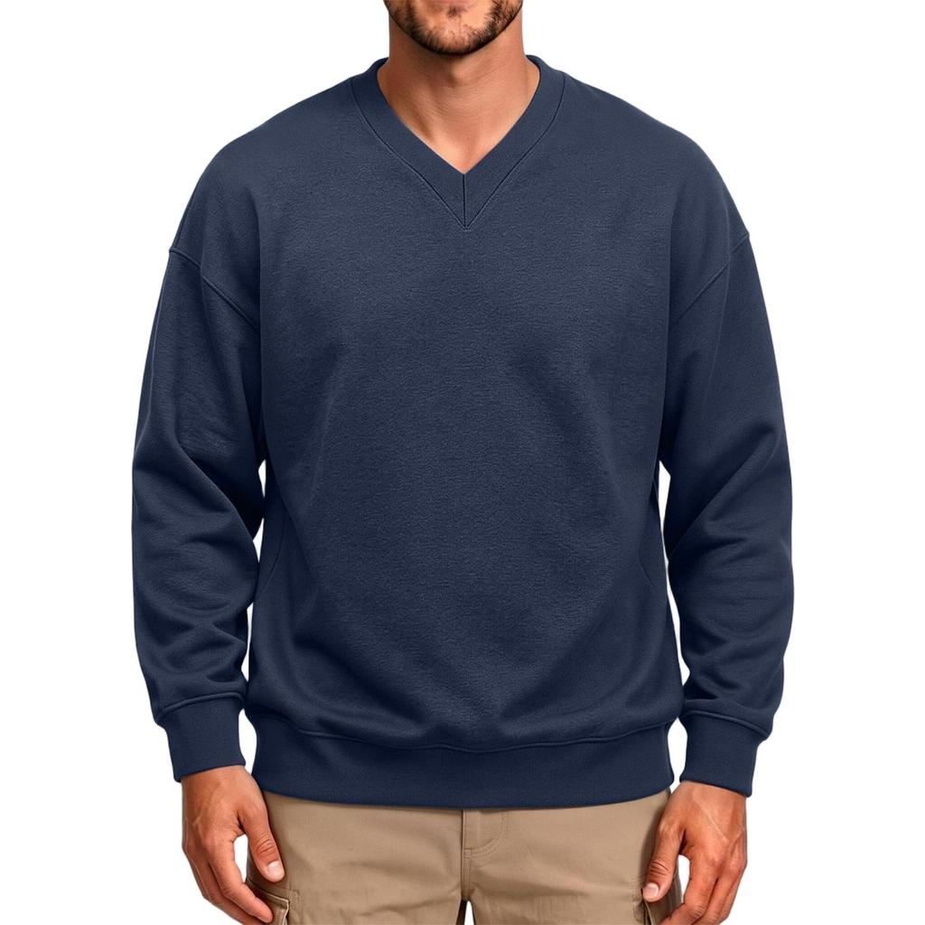 Men's V-Neck Long Sleeve T-Shirt Color Casual Top with Ribbed Cuffs