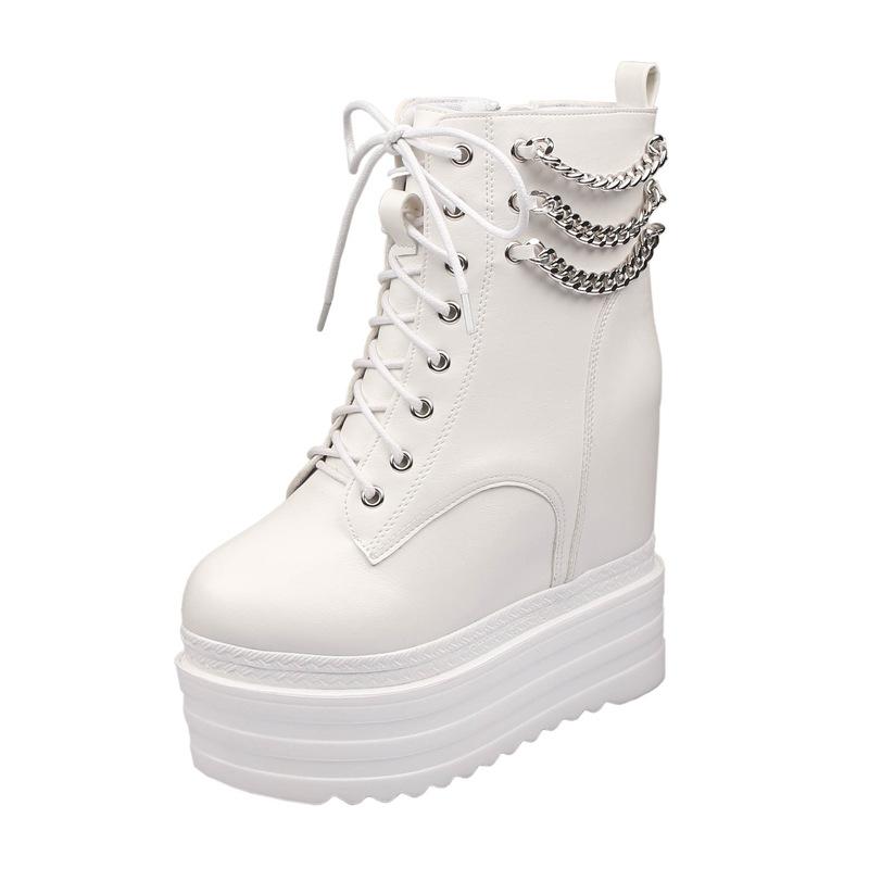 Fashion 13CM Women's Trendy Platform Boots Fashion Side Zipper Buckle Strap Design Height Increasing Stylish Mid Calf Boots Wedge Heel