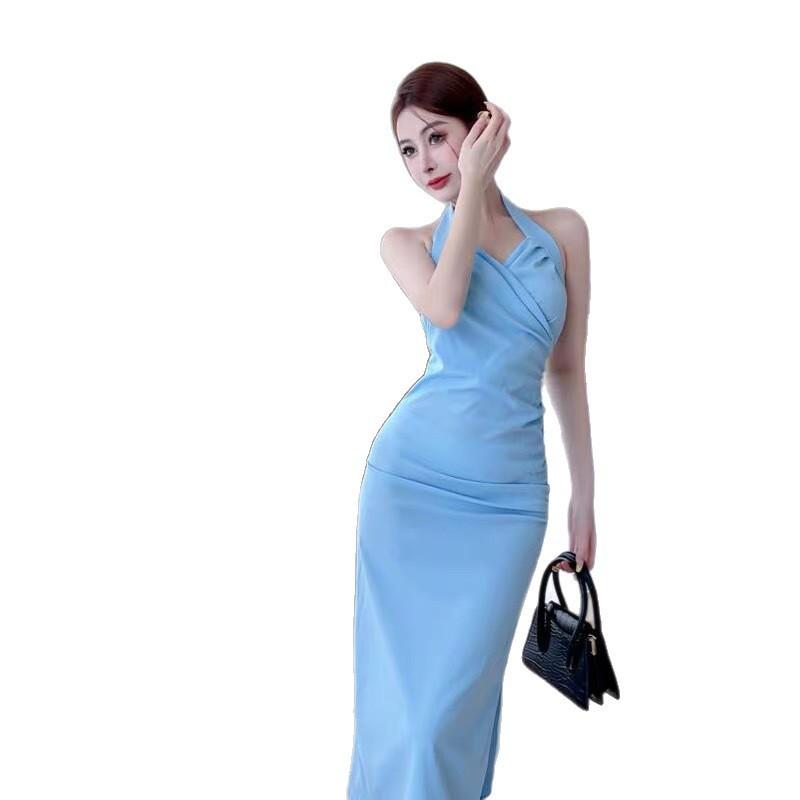 L Sexy temperament neck sling banquet dress dress woman, sleeveless waist split fork solid color hip wrap dress