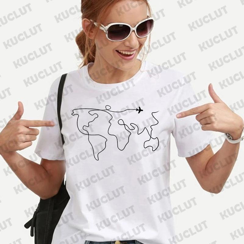 Travel Shirts for Women Tops Adventure World Map Travel T-shirts Unisex Clothes Traveler Clothing Short Sleeve Tee Shirt Femme