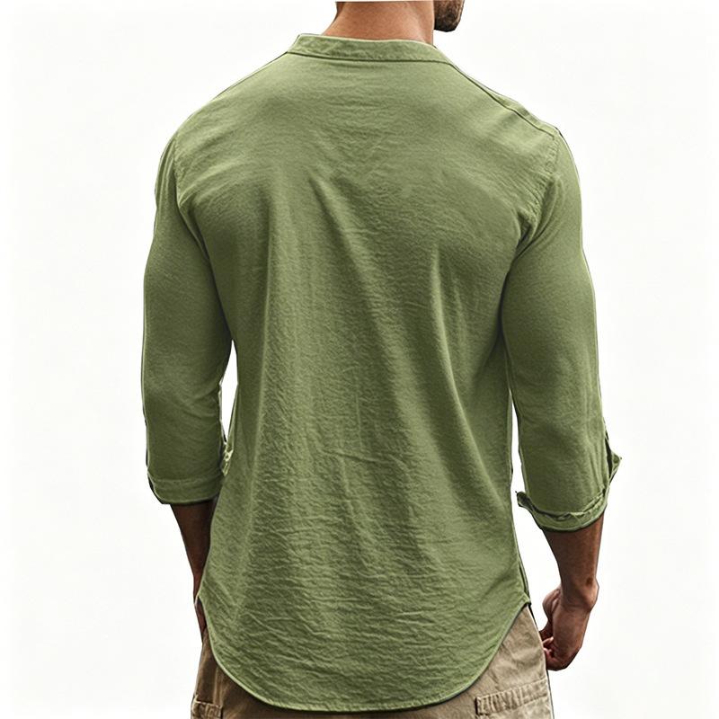 Cotton Linen Hot Sale Men's Long-Sleeved Shirts Summer Solid Color Stand-Up Collar Casual Beach Style Plus Size