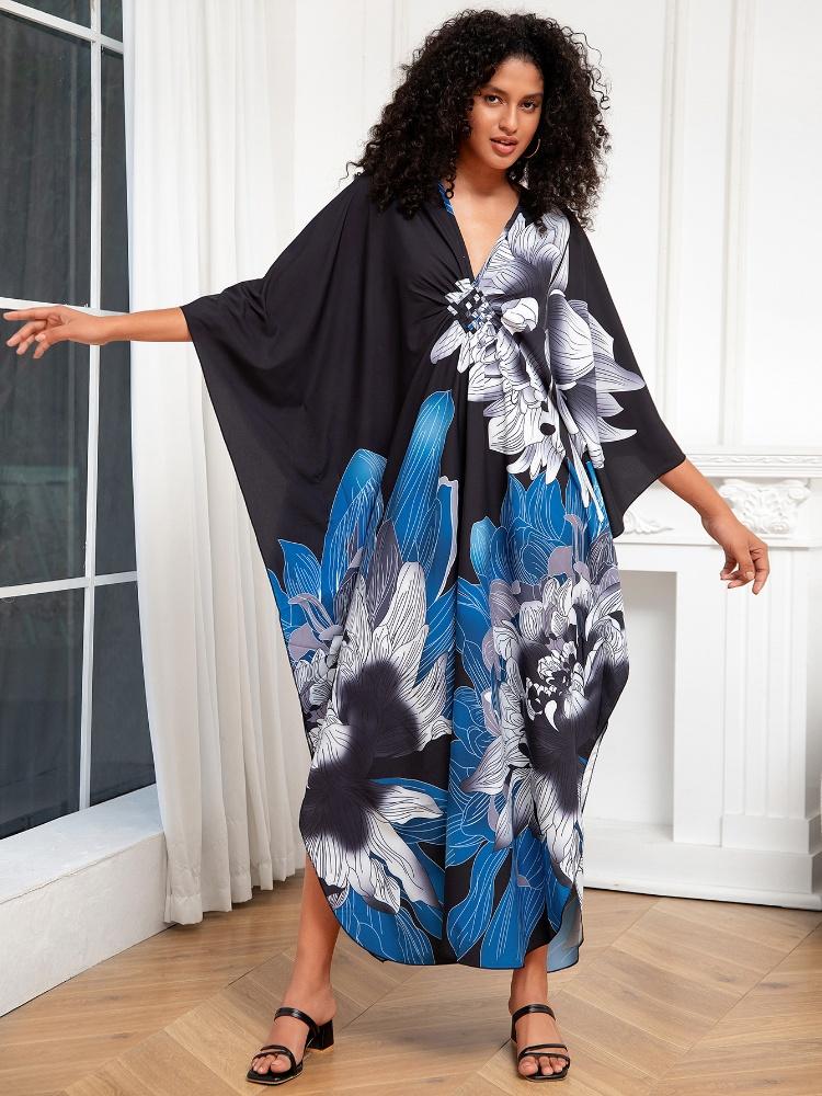 EDOLYNSA Versatile Blue Women's Kaftan Robe Light jacket Caftan Bathrobe Vacation Long Dress Hot Selling Lounge around Outfit Q1289