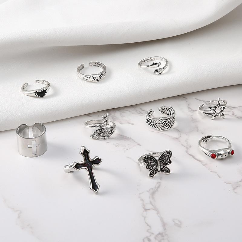 New Exaggerated Oil Cross Frog Peacock Butterfly Crying Face Ring 10-piece Set