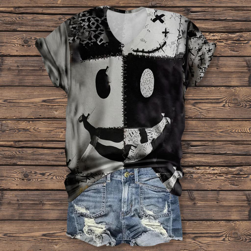 Damenmode Lässig Dreiviertelärmel Halloween Buchstaben, Gesichtsprint Oberteil